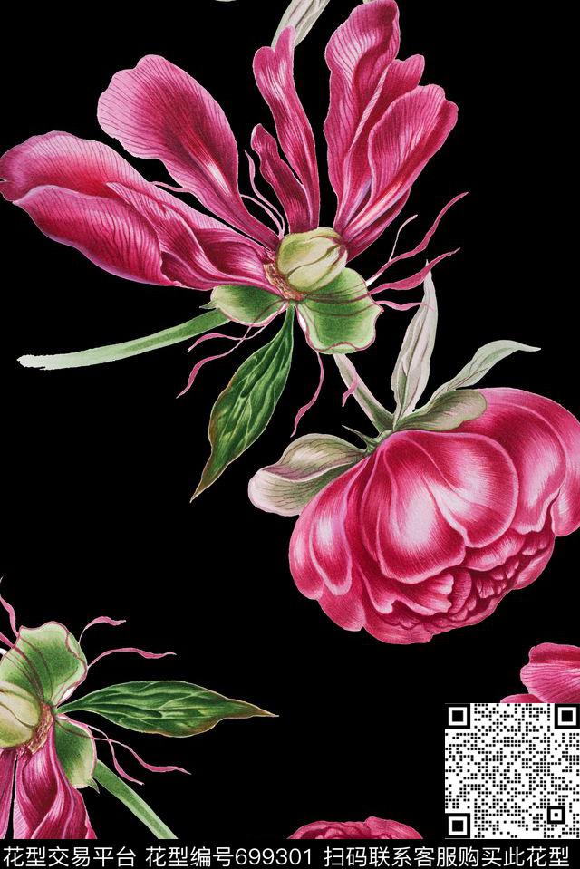 手绘酒红含苞待放数码印花华亿平台下载（图片编号: 699301） - 瓦栏（Walan）