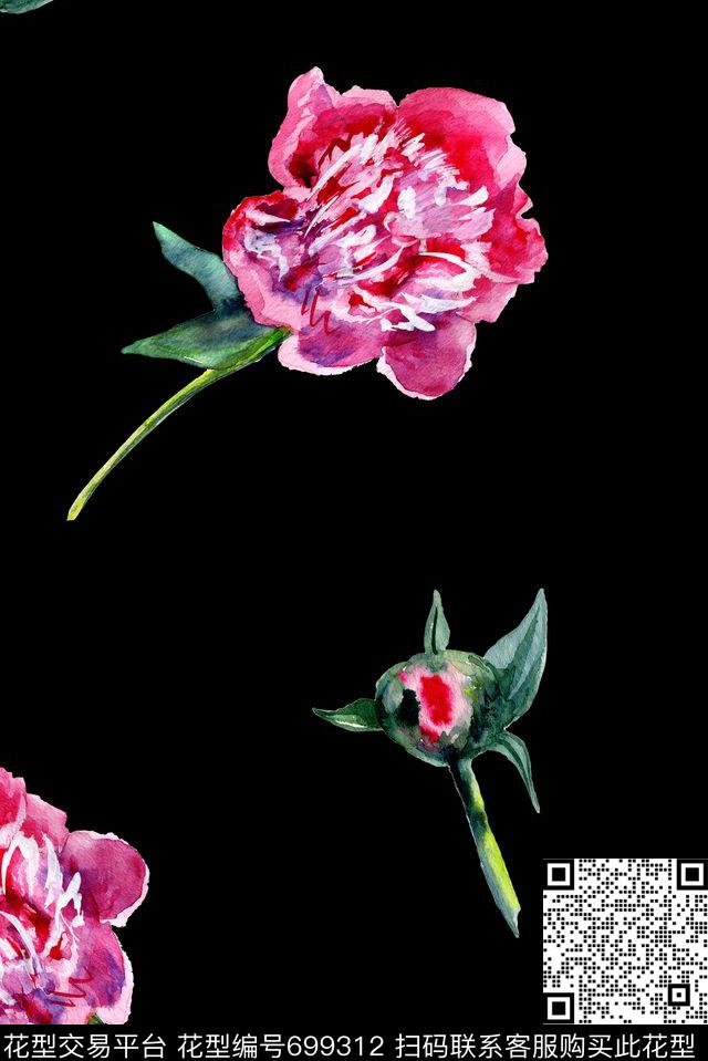 酒红绿色植物数码印花华亿平台下载（图片编号: 699312） - 瓦栏（Walan）