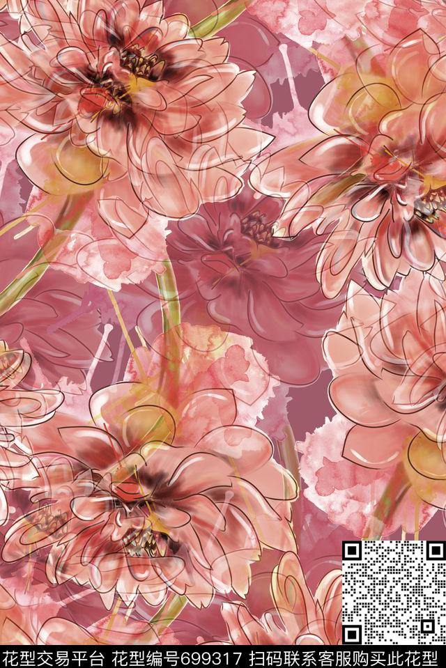 水彩朦胧花卉数码印花华亿平台下载（图片编号: 699317） - 瓦栏（Walan）