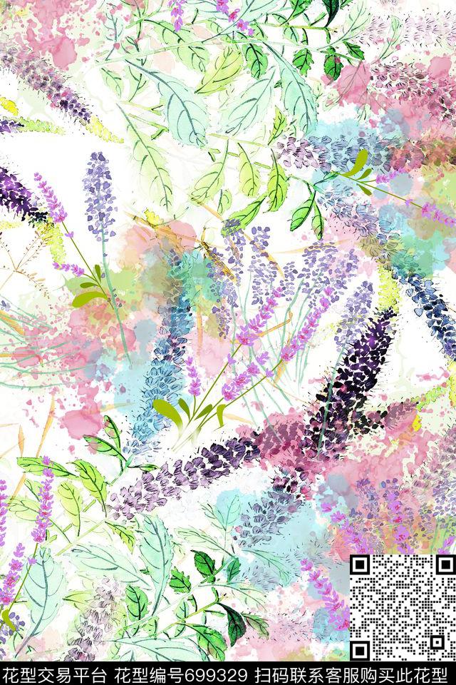 水彩花卉薰衣草数码印花华亿平台下载（图片编号: 699329） - 瓦栏（Walan）