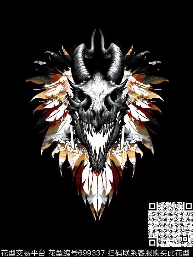 骷髅头羽毛男装T恤数码印花华亿平台下载（图片编号: 699337） - 瓦栏（Walan）