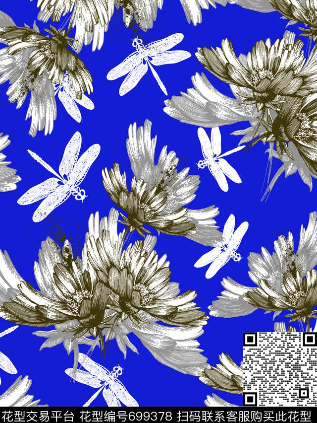蜻蜓手绘花卉数码印花华亿平台下载（图片编号: 699378） - 瓦栏（Walan）