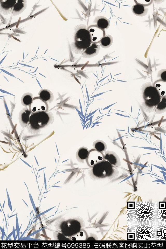 水墨熊猫抽象竹叶数码印花华亿平台下载（图片编号: 699386） - 瓦栏（Walan）