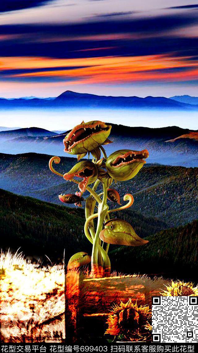 自然风景云朵数码印花抽象手绘植物大山数码印花华亿平台下载（图片编号: 699403） - 瓦栏（Walan）
