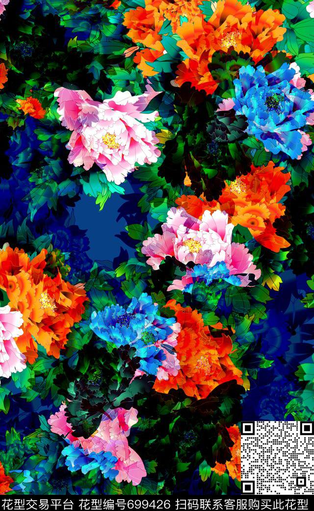 中国风高清花卉四方连续数码印花华亿平台下载（图片编号: 699426） - 瓦栏（Walan）