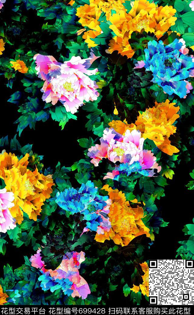 中国风高清花卉四方连续数码印花华亿平台下载（图片编号: 699428） - 瓦栏（Walan）