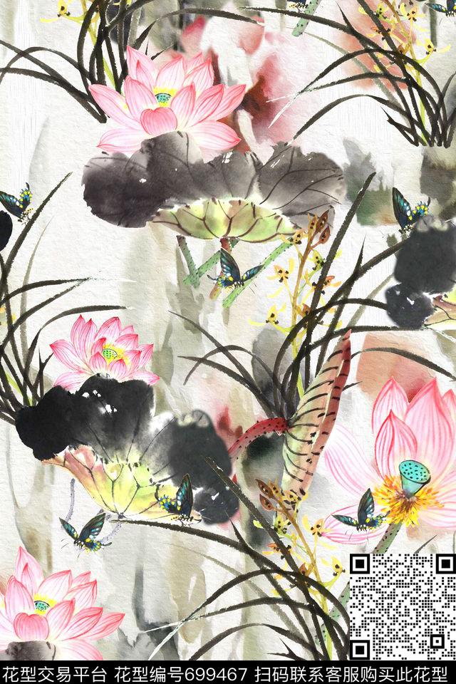 水彩泼墨荷花数码印花华亿平台下载（图片编号: 699467） - 瓦栏（Walan）
