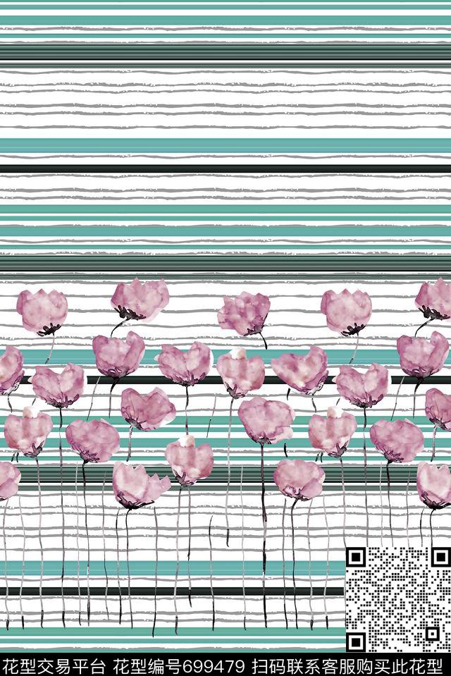 抽象手绘满版花卉时尚潮流大牌复古欧美风女装定位花横条纹理数码印花华亿平台下载（图片编号: 699479） - 瓦栏（Walan）