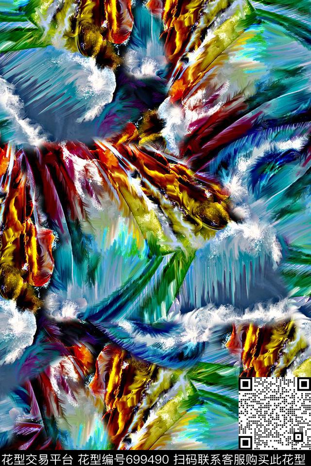 手绘抽象羽毛油画印花大海女装印花数码印花华亿平台下载（图片编号: 699490） - 瓦栏（Walan）