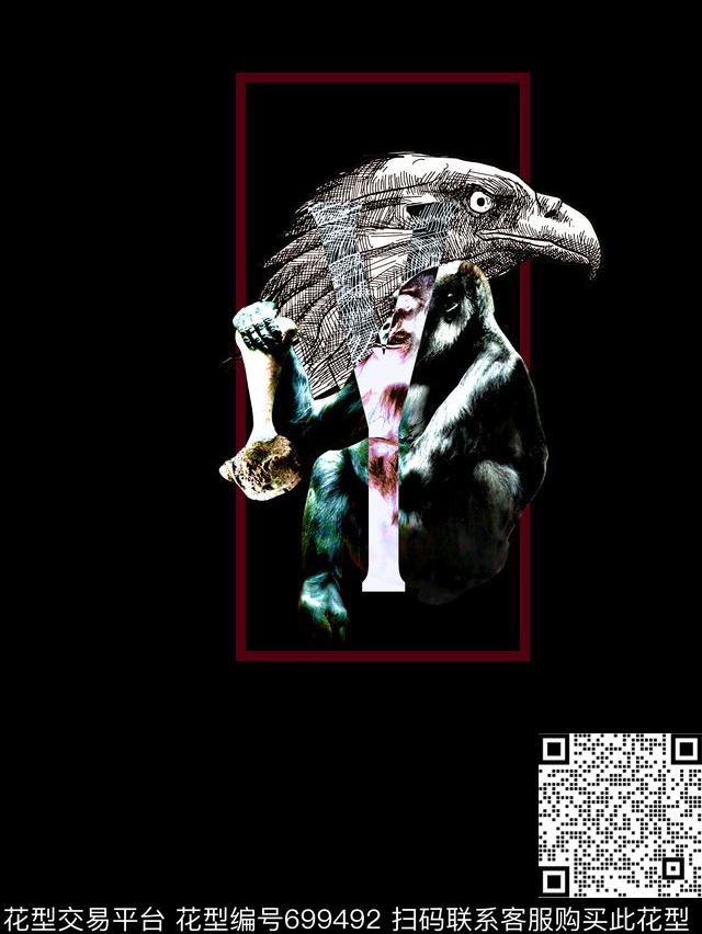 手绘动物猩猩老鹰数码印花抽象几何印花时尚潮流男装定位印花数码印花华亿平台下载（图片编号: 699492） - 瓦栏（Walan）