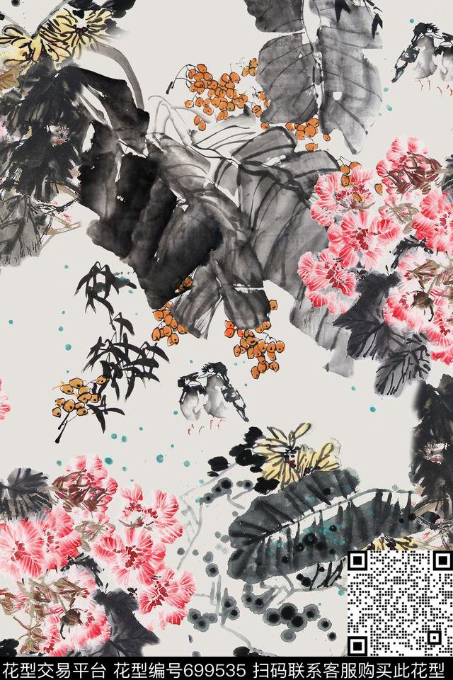 中国风国画粉色花数码印花华亿平台下载（图片编号: 699535） - 瓦栏（Walan）