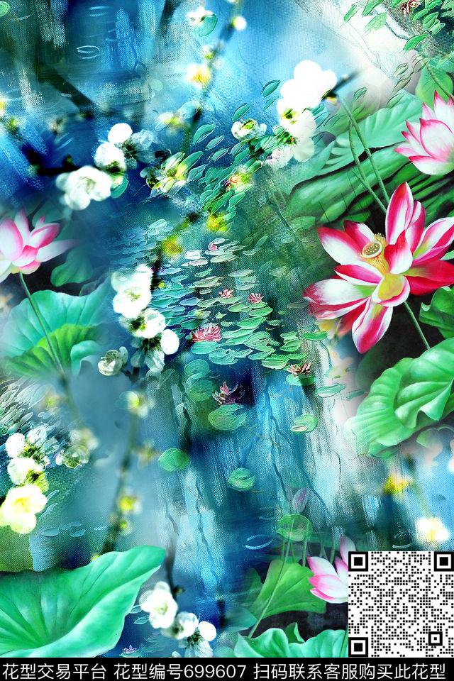 油画荷花花卉数码印花华亿平台下载（图片编号: 699607） - 瓦栏（Walan）