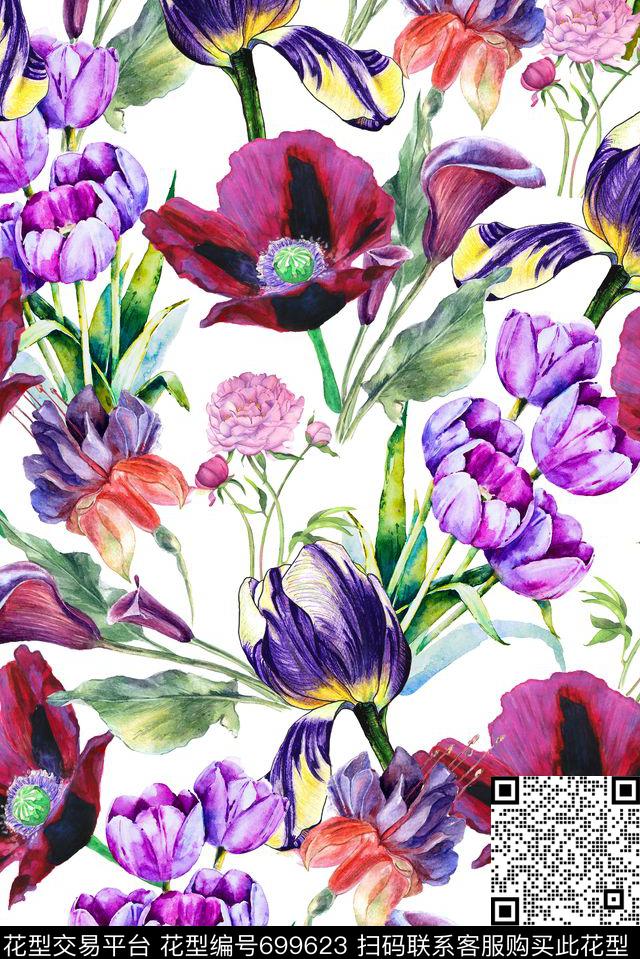 花卉乱花手绘数码印花华亿平台下载（图片编号: 699623） - 瓦栏（Walan）