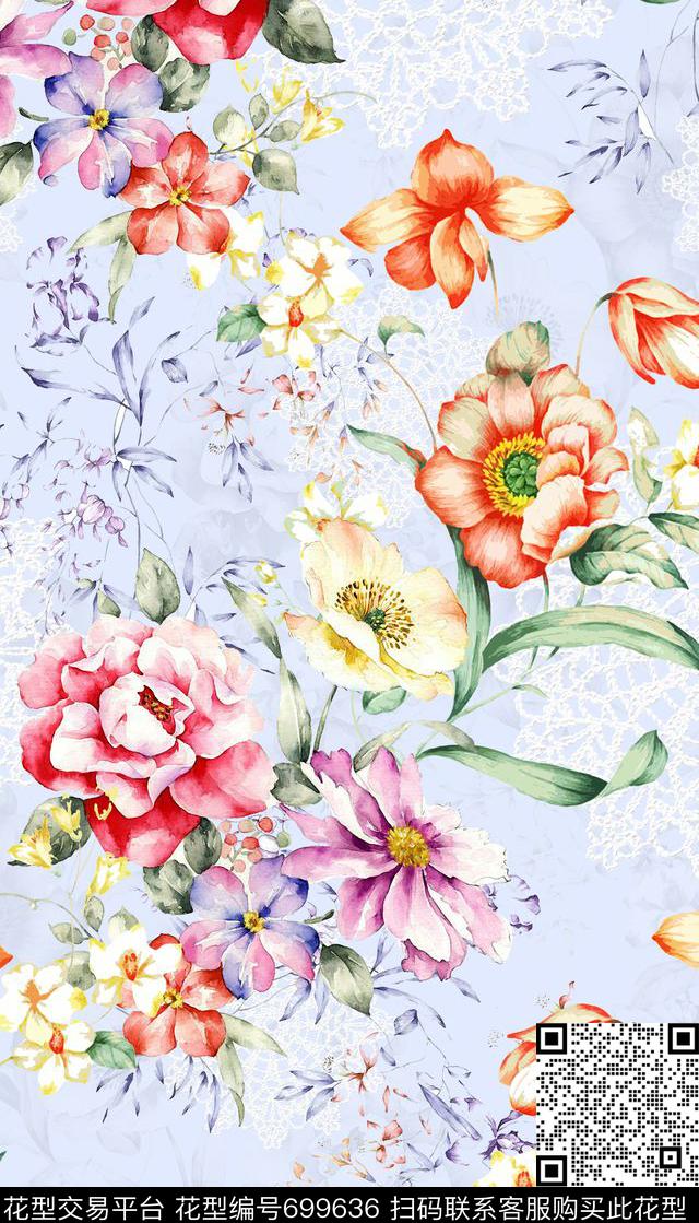 水彩花卉白色蕾丝素雅小清新数码印花华亿平台下载（图片编号: 699636） - 瓦栏（Walan）