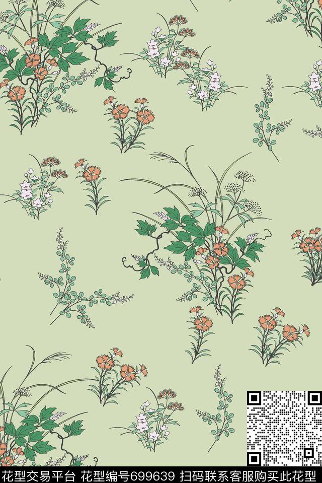 小碎花花卉线条数码印花华亿平台下载（图片编号: 699639） - 瓦栏（Walan）
