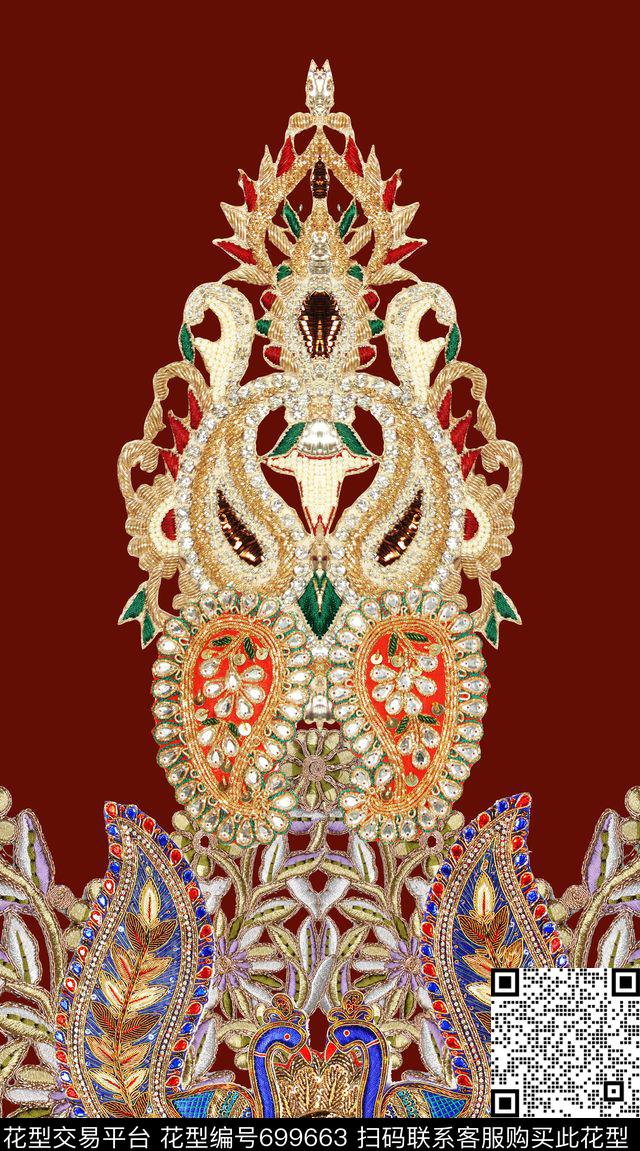 佩斯利孔雀珠片绣数码印花华亿平台下载（图片编号: 699663） - 瓦栏（Walan）