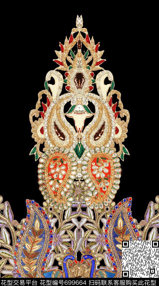 佩斯利孔雀珠片绣数码印花华亿平台下载（图片编号: 699664） - 瓦栏（Walan）