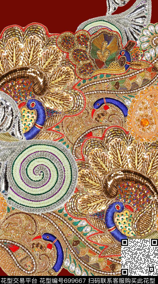 佩斯利孔雀珠片绣数码印花华亿平台下载（图片编号: 699667） - 瓦栏（Walan）