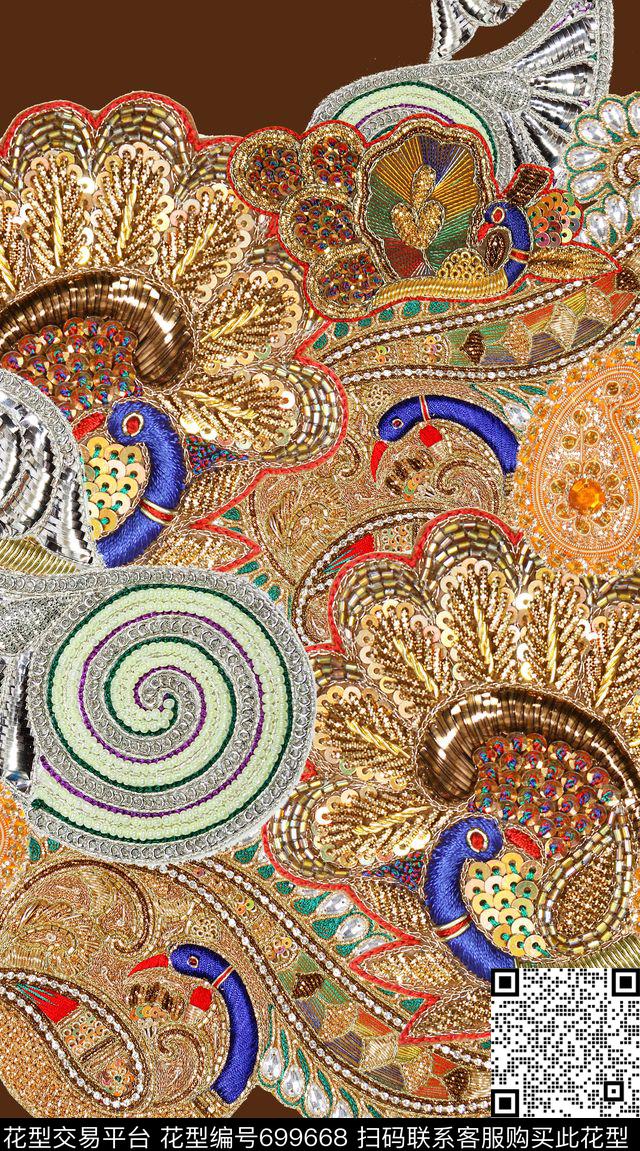 佩斯利孔雀珠片绣数码印花华亿平台下载（图片编号: 699668） - 瓦栏（Walan）