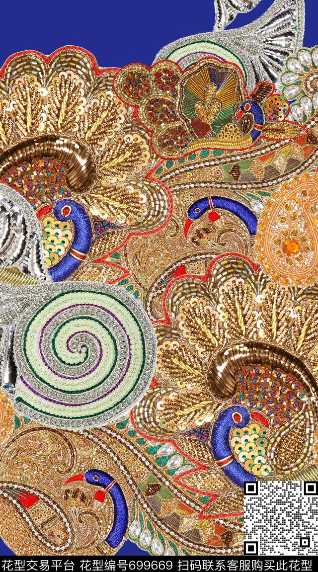 佩斯利孔雀珠片绣数码印花华亿平台下载（图片编号: 699669） - 瓦栏（Walan）