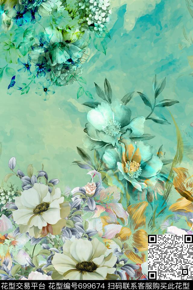 花卉水彩定位花数码印花华亿平台下载（图片编号: 699674） - 瓦栏（Walan）