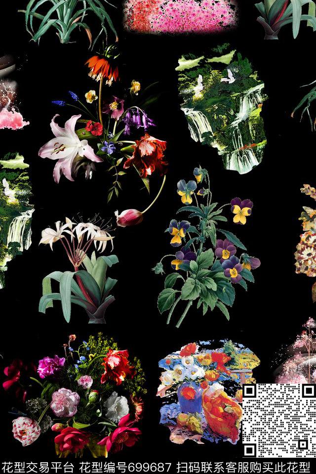 组合手绘花朵数码印花华亿平台下载（图片编号: 699687） - 瓦栏（Walan）