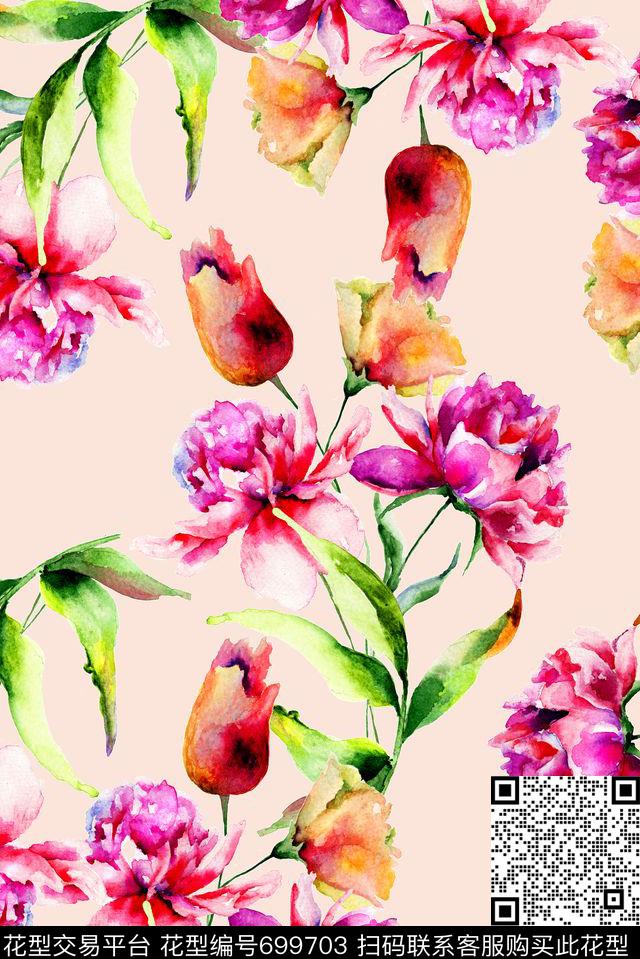手绘散落花卉数码印花华亿平台下载（图片编号: 699703） - 瓦栏（Walan）