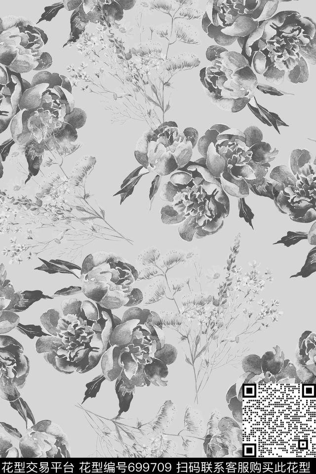 手绘黑白花卉数码印花华亿平台下载（图片编号: 699709） - 瓦栏（Walan）