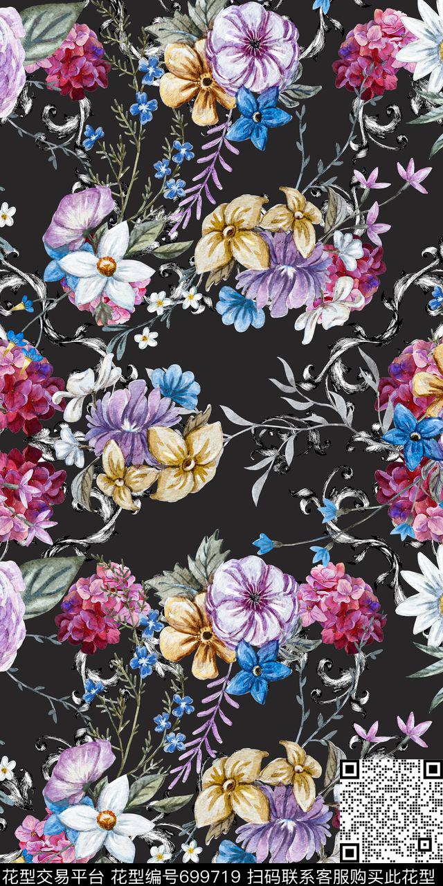 手绘花卉精美数码印花华亿平台下载（图片编号: 699719） - 瓦栏（Walan）