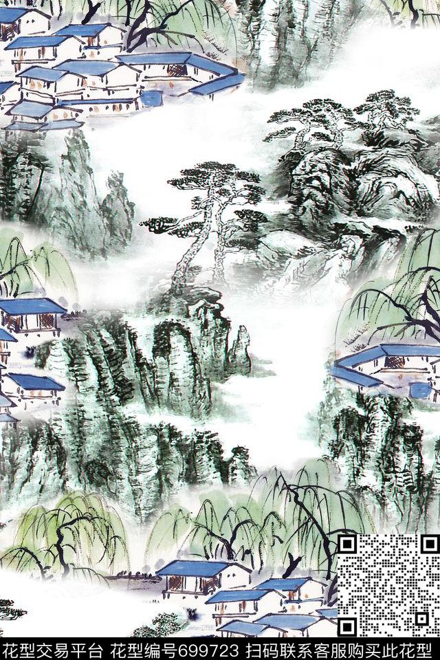水彩山水人家数码印花华亿平台下载（图片编号: 699723） - 瓦栏（Walan）