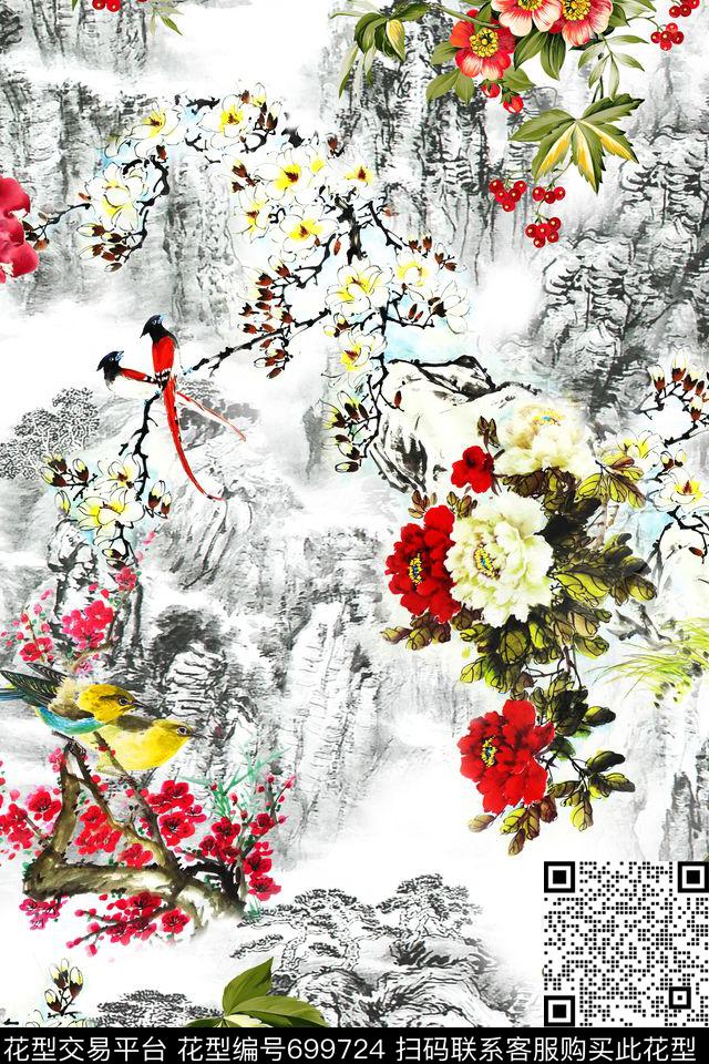 中国风花卉山水数码印花华亿平台下载（图片编号: 699724） - 瓦栏（Walan）