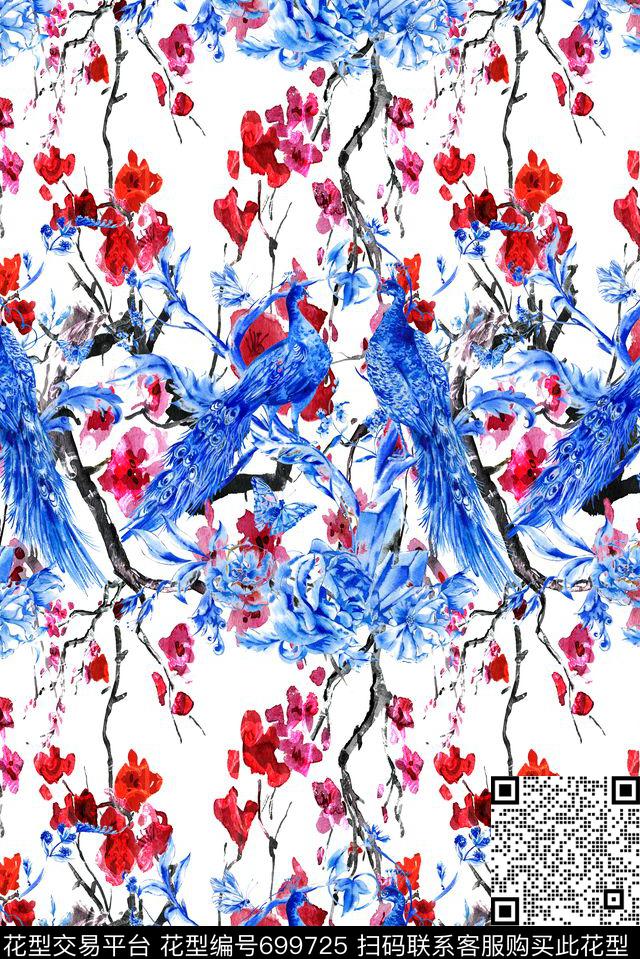 青花瓷孔雀桃花数码印花华亿平台下载（图片编号: 699725） - 瓦栏（Walan）