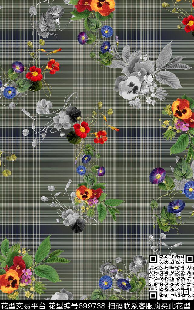 格子底纹花朵花卉数码印花华亿平台下载（图片编号: 699738） - 瓦栏（Walan）