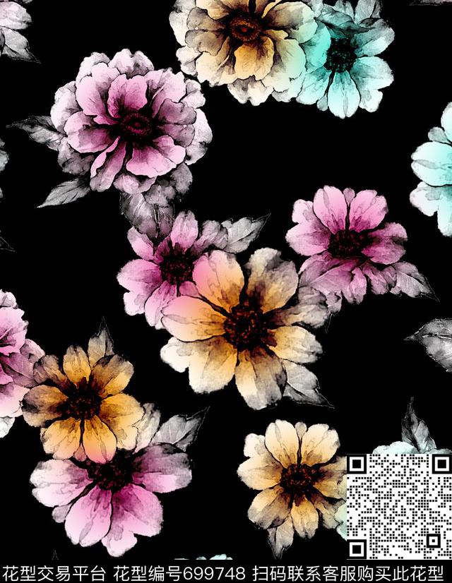 花朵花卉水墨数码印花华亿平台下载（图片编号: 699748） - 瓦栏（Walan）