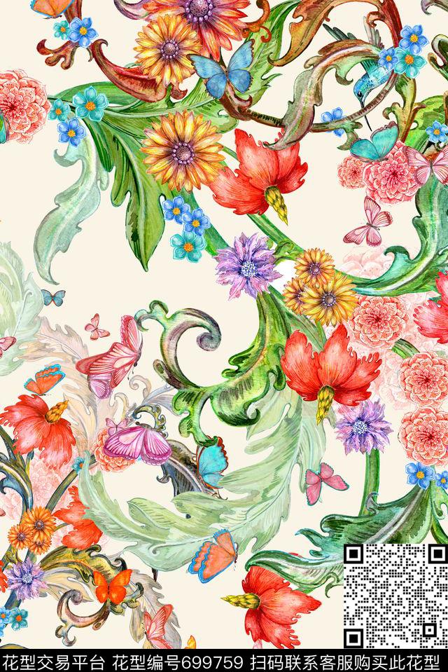手绘花纹绿叶数码印花华亿平台下载（图片编号: 699759） - 瓦栏（Walan）