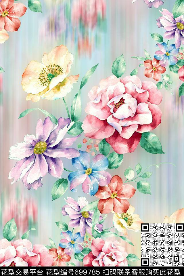手绘水彩画花卉数码印花抽象渐变纹理印花彩绘女装裙子清爽印花数码印花华亿平台下载（图片编号: 699785） - 瓦栏（Walan）