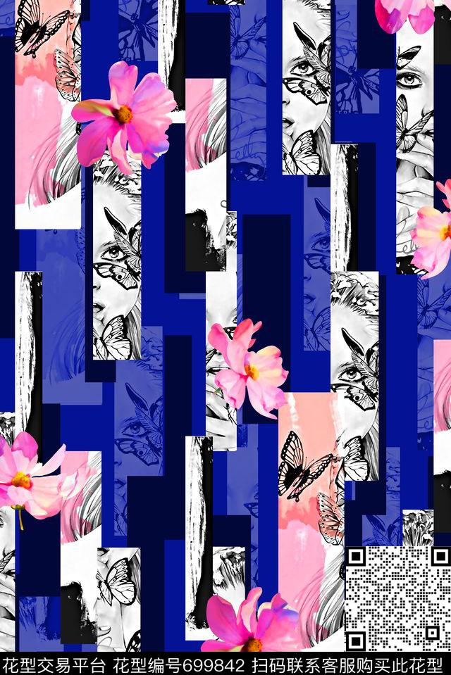 抽象手绘满版花卉最新高清数码水彩花卉几何拼块数码印花华亿平台下载（图片编号: 699842） - 瓦栏（Walan）