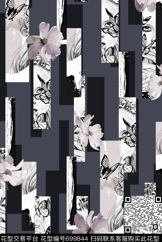抽象手绘满版花卉最新高清数码水彩花卉几何拼块数码印花华亿平台下载（图片编号: 699844） - 瓦栏（Walan）
