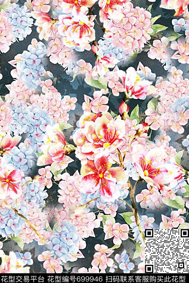 手绘水彩花卉数码印花抽象女装裙子印花复古满版小碎花数码印花华亿平台下载（图片编号: 699946） - 瓦栏（Walan）
