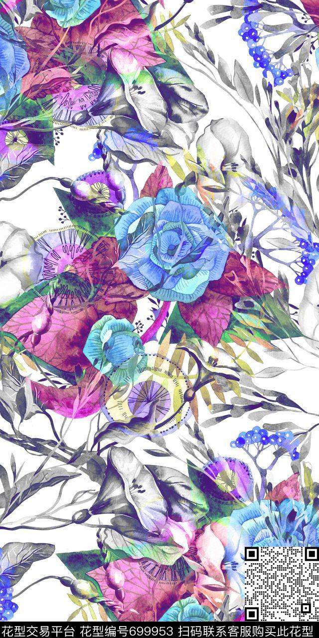手绘黑白花卉数码印花华亿平台下载（图片编号: 699953） - 瓦栏（Walan）