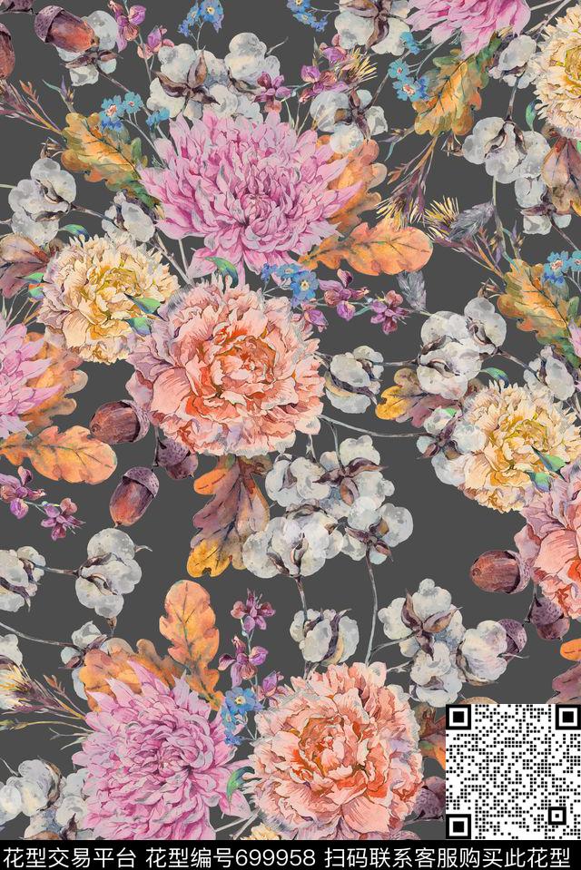 手绘牡丹棉花数码印花华亿平台下载（图片编号: 699958） - 瓦栏（Walan）