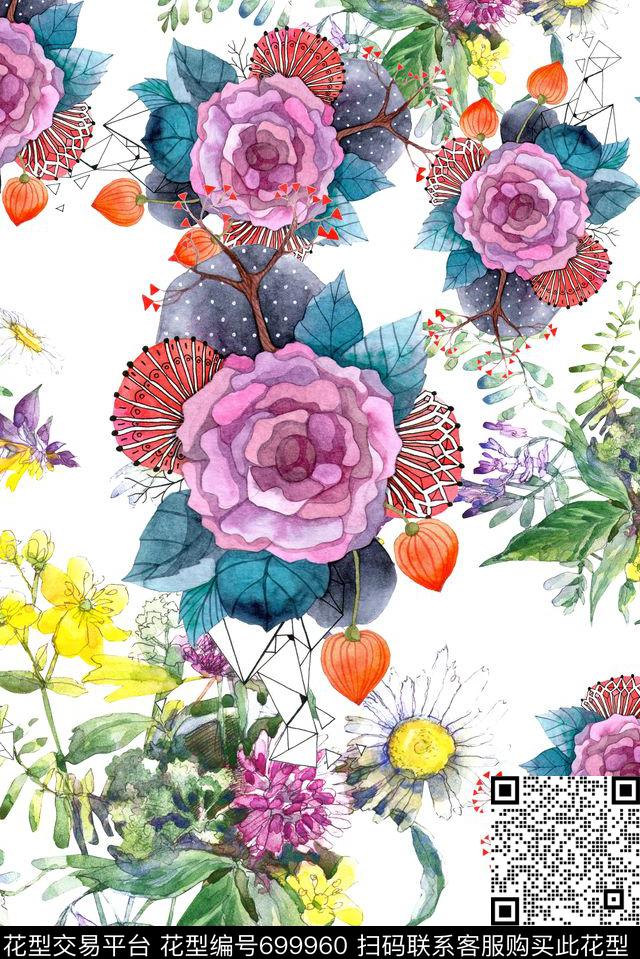 手绘枝条花卉数码印花华亿平台下载（图片编号: 699960） - 瓦栏（Walan）