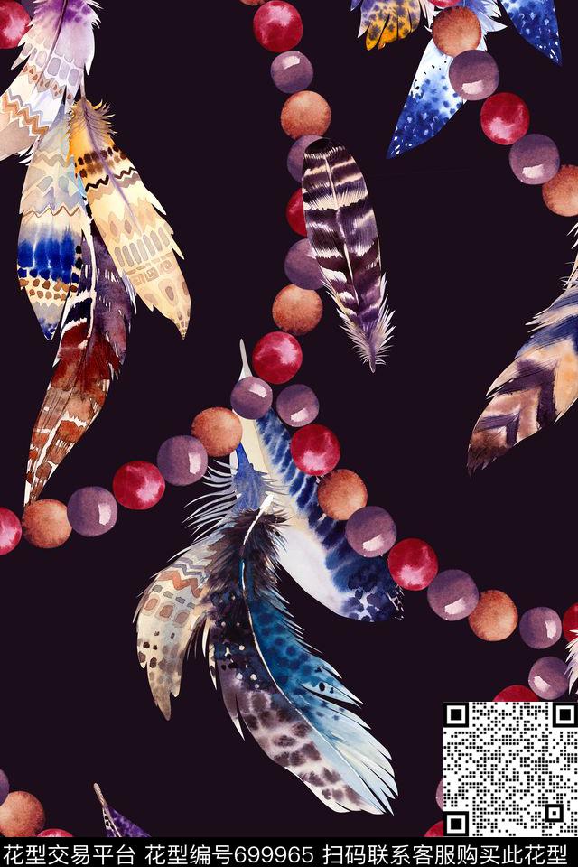 波西米亚民族风羽毛数码印花华亿平台下载（图片编号: 699965） - 瓦栏（Walan）