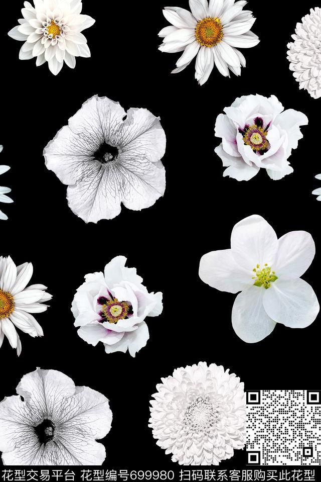 黑白花卉花朵数码印花华亿平台下载（图片编号: 699980） - 瓦栏（Walan）
