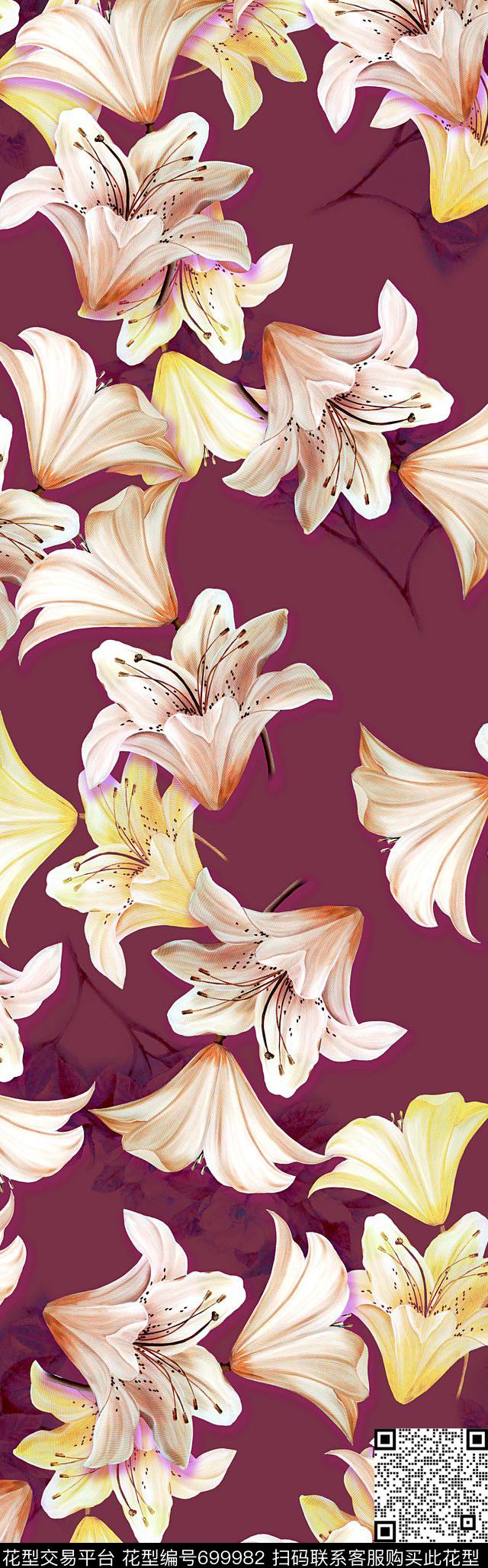 披肩长巾花朵玉兰花数码印花华亿平台下载（图片编号: 699982） - 瓦栏（Walan）
