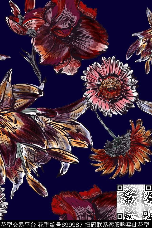 手绘花卉菊花数码印花华亿平台下载（图片编号: 699987） - 瓦栏（Walan）