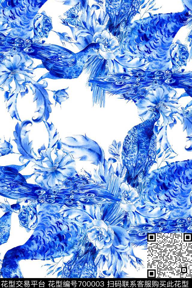 清爽青花瓷孔雀数码印花华亿平台下载（图片编号: 700003） - 瓦栏（Walan）