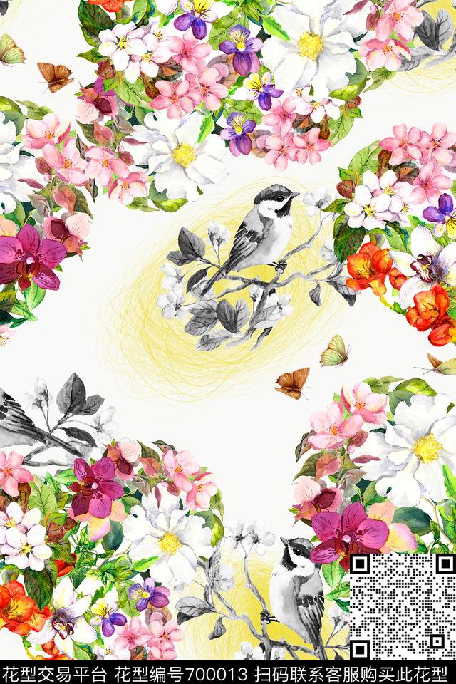 手绘花卉鸟巢数码印花华亿平台下载（图片编号: 700013） - 瓦栏（Walan）