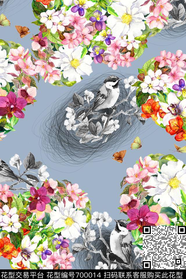 手绘花卉鸟巢数码印花华亿平台下载（图片编号: 700014） - 瓦栏（Walan）