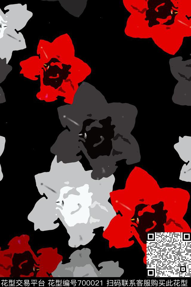 抽象花卉时尚休闲红与黑传统印花华亿平台下载（图片编号: 700021） - 瓦栏（Walan）